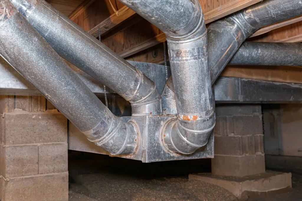 Air duct system in a home's crawl space.